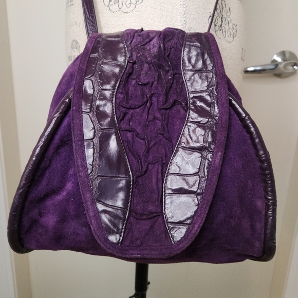 80s Croc Suede Leather Bucket Purse - Picture 3 of 14